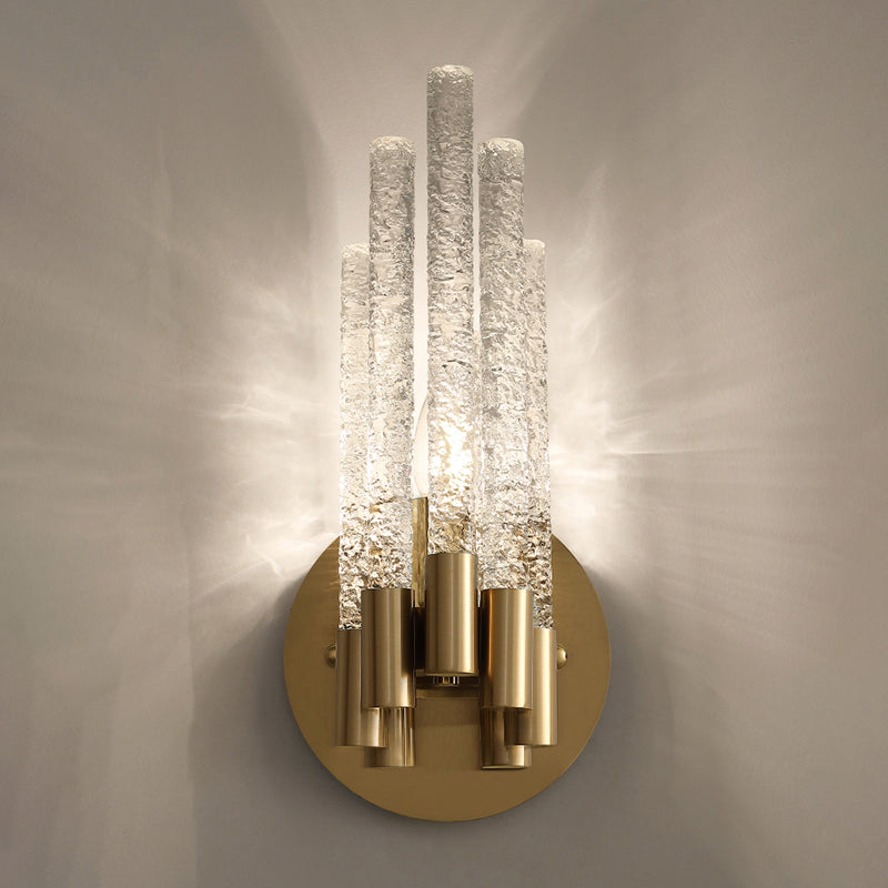 Clear Rippled Crystal 2-Head Tubular Sconce Wall Light In Brass - Simple Style For Bedroom Lighting