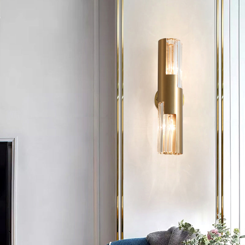 Minimalist Gold Pole Wall Sconce With K9 Crystal And 2 Bulbs For Living Room