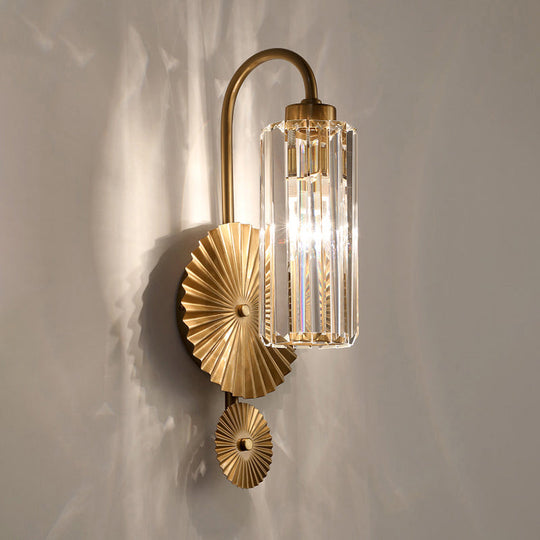 Brass Postmodern Wall Sconce With Prismatic Crystal - Cylindrical Foyer Lighting