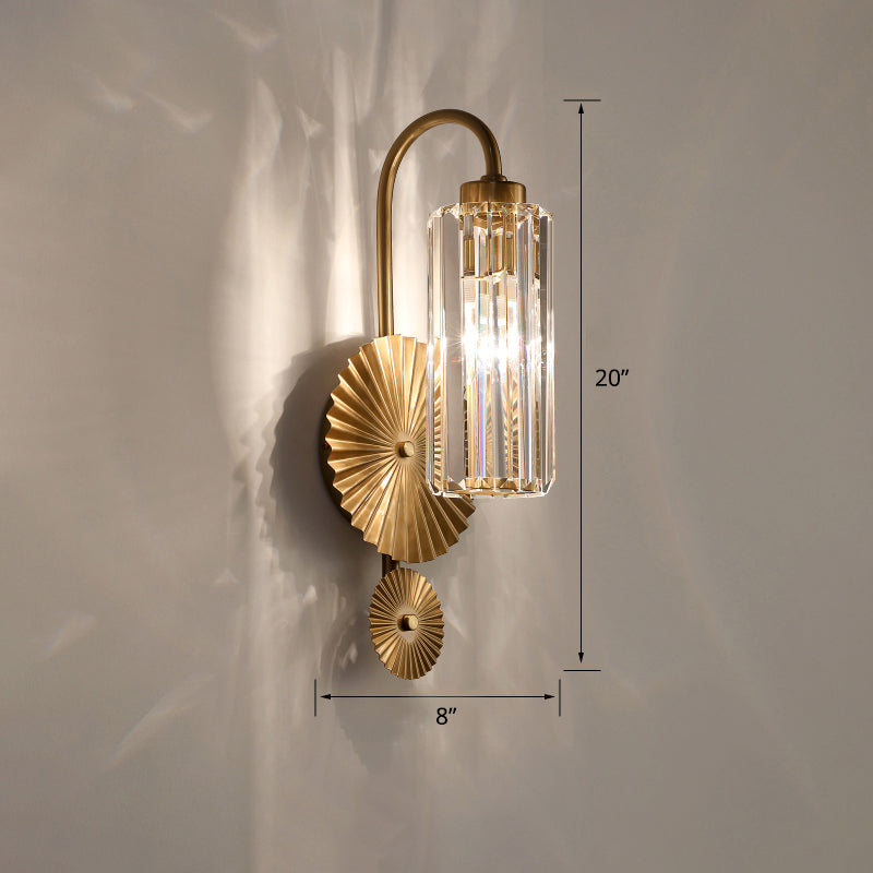Brass Postmodern Wall Sconce With Prismatic Crystal - Cylindrical Foyer Lighting
