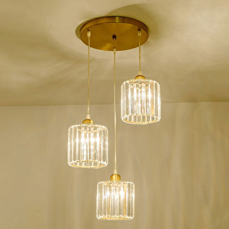 Crystal Shade Pendant Cluster Light - Minimalist 3-Head Cylindrical Hanging Fixture For Dining Room