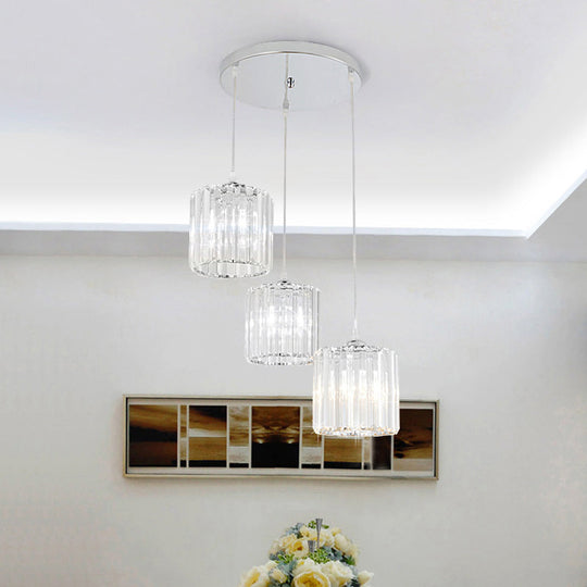 Crystal Shade Pendant Cluster Light - Minimalist 3-Head Cylindrical Hanging Fixture For Dining Room