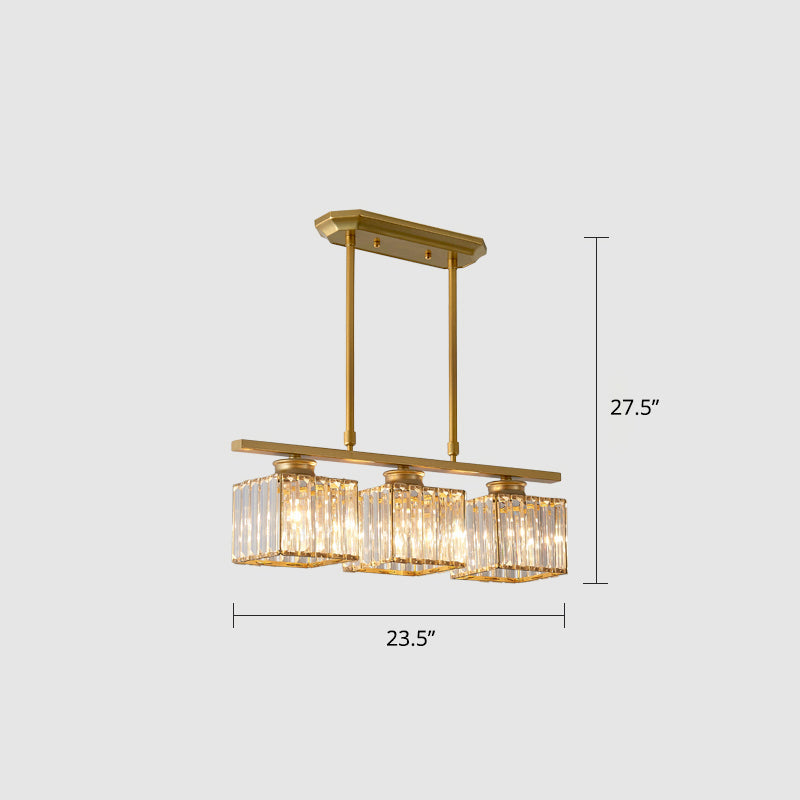 Crystal Block 3-Light Pendant - Linear Dining Room Island Lamp Fixture Gold / Square Plate