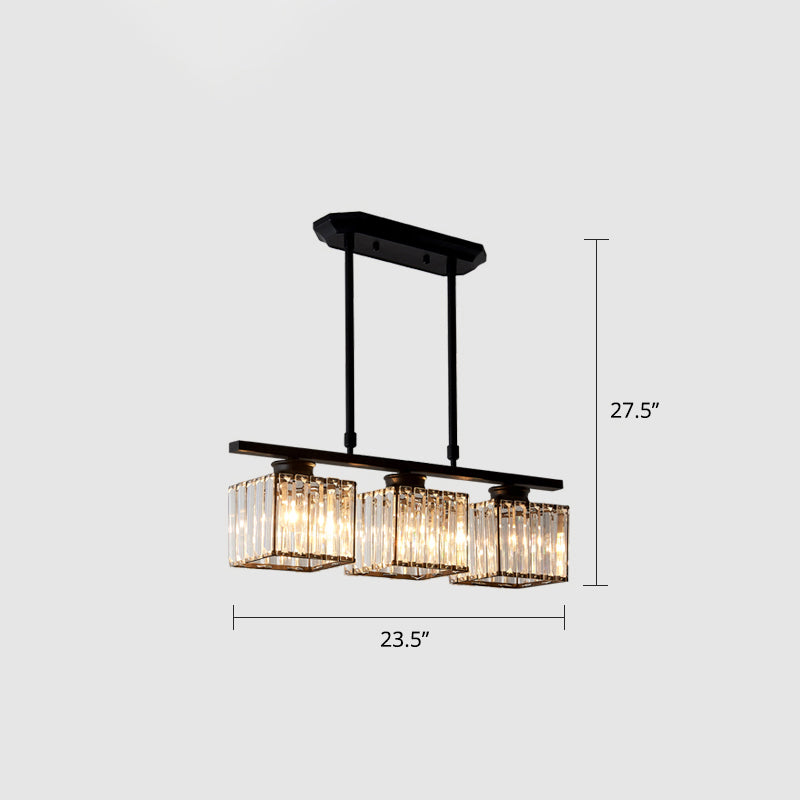 Crystal Block 3-Light Pendant - Linear Dining Room Island Lamp Fixture Black / Square Plate