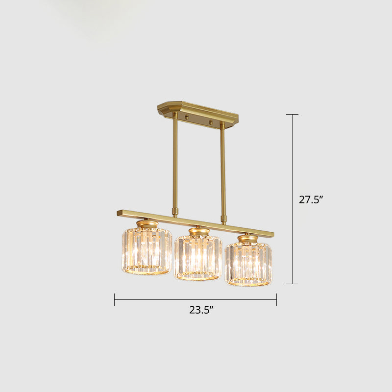 Crystal Block 3-Light Pendant - Linear Dining Room Island Lamp Fixture Gold / Round