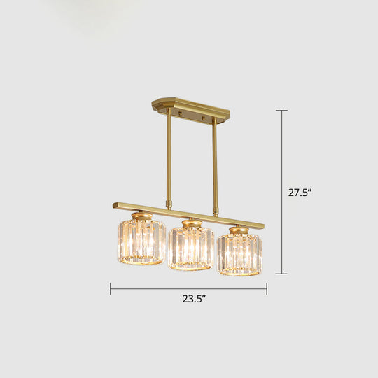 Crystal Block 3-Light Pendant - Linear Dining Room Island Lamp Fixture Gold / Round
