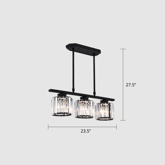 Crystal Block 3-Light Pendant - Linear Dining Room Island Lamp Fixture Black / Round