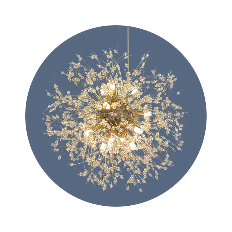 Stylish Dandelion Chandelier with Clear Crystal Beads - Modern LED Ceiling Light for Bedroom - Brass Finish
