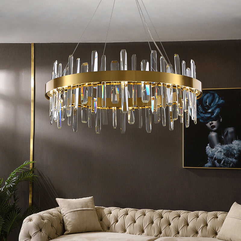 Gold Finish Led Pendant Chandelier With Crystal Icicles And Stainless Steel Loop Design