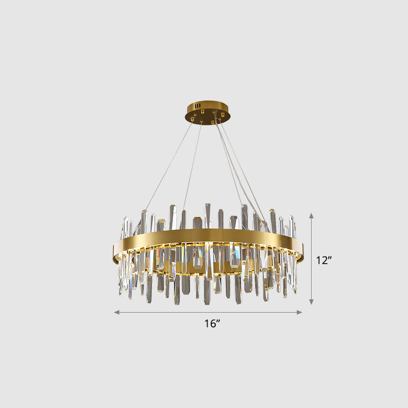 Gold Finish Led Pendant Chandelier With Crystal Icicles And Stainless Steel Loop Design / 16