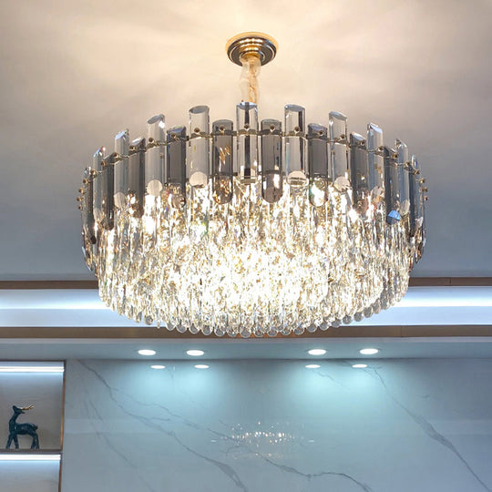 Modern Gold Drum Pendant Light With K9 Crystal - Living Room Chandelier Fixture