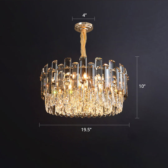 Modern Gold Drum Pendant Light With K9 Crystal - Living Room Chandelier Fixture / 19.5