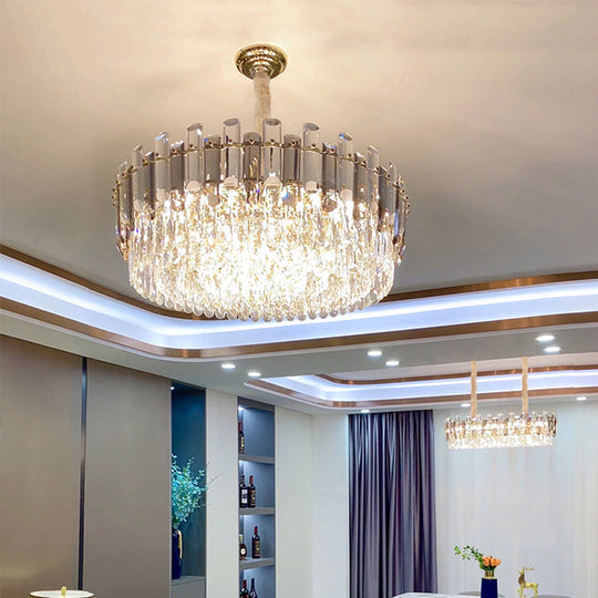 Modern Gold Drum Pendant Light With K9 Crystal - Living Room Chandelier Fixture