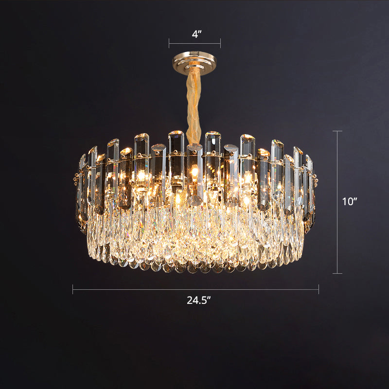 Modern Gold Drum Pendant Light With K9 Crystal - Living Room Chandelier Fixture / 24.5
