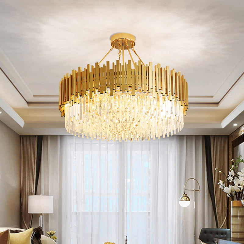 Minimalist Gold Living Room Chandelier With Crystal Drum Shade- 6 Lights Pendant Light