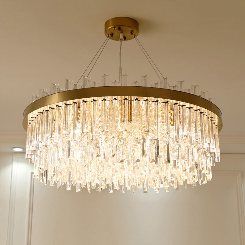 Modern Round Chandelier Light Fixture with K9 Crystal Brass Suspension for Bedroom