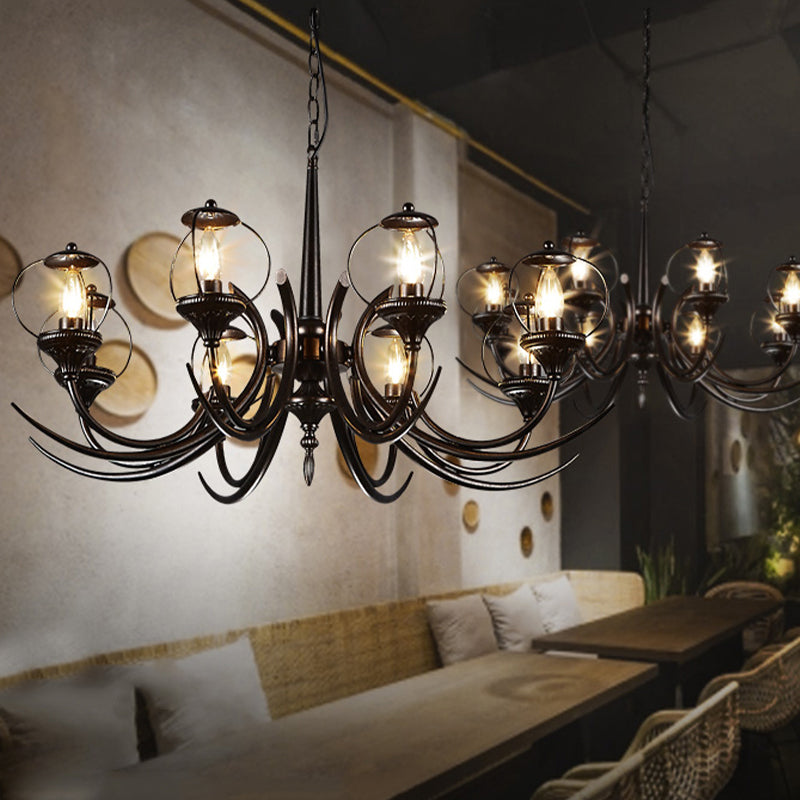 Metal Black Hanging Chandelier - Curved Arm 6 Bulbs Traditional Pendant Light For Restaurants