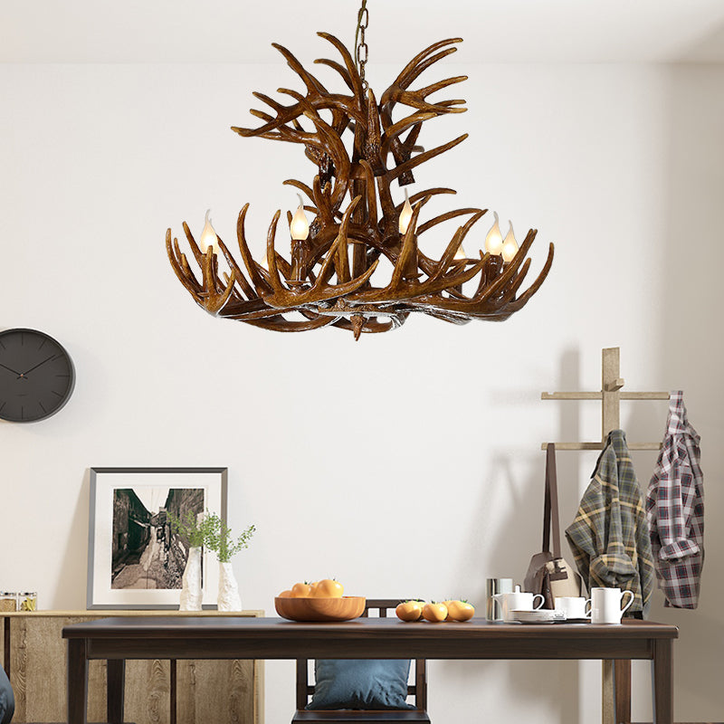 Resin Antler Chandelier Lamp - Countryside Brown 9 Lights Down Lighting Pendant For Living Room