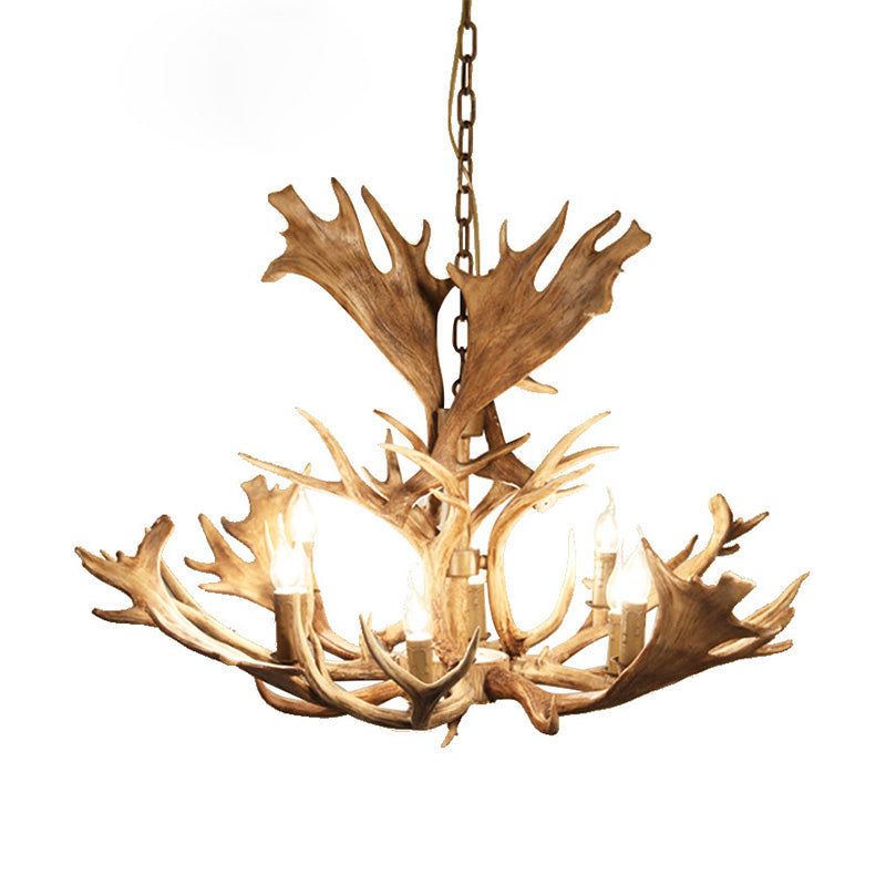 Rustic Resin Brown Hanging Chandelier Light Fixture - Candle-Style 8 Bulbs Dining Room Pendant