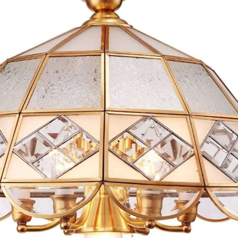 Traditional Brass Dome Pendant Chandelier Milk Glass 7-Bulb Hanging Ceiling Light