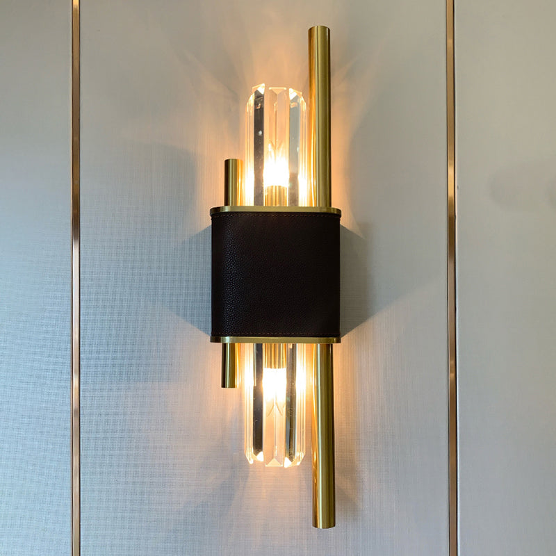 Postmodern K9 Crystal Wall Light Fixture - 2-Head Black-Brass Sconce For Living Room