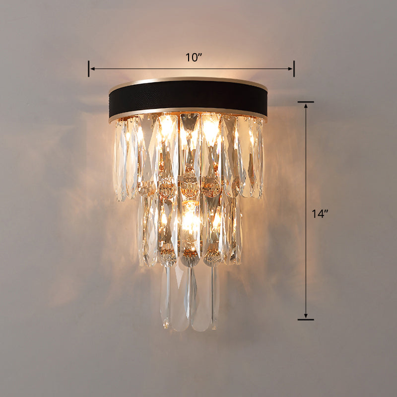 Black Flush Mount 3-Bulb Sconce With Crystal Shade - Minimalist 3-Tier Wall Lighting Clear