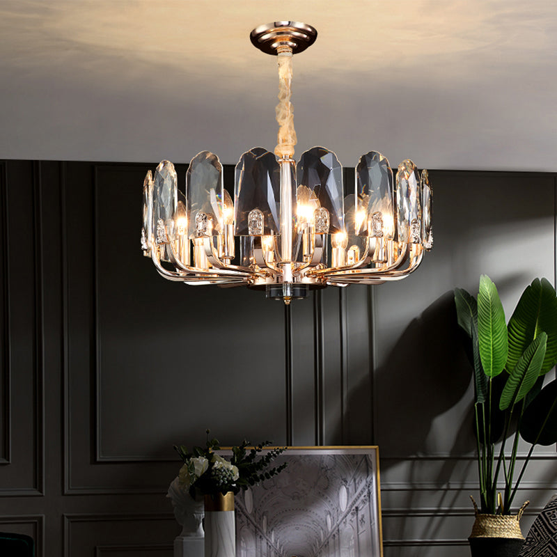 Gold Finish Round Pendant Light With Crystal Panels - Modern Chandelier For Living Room