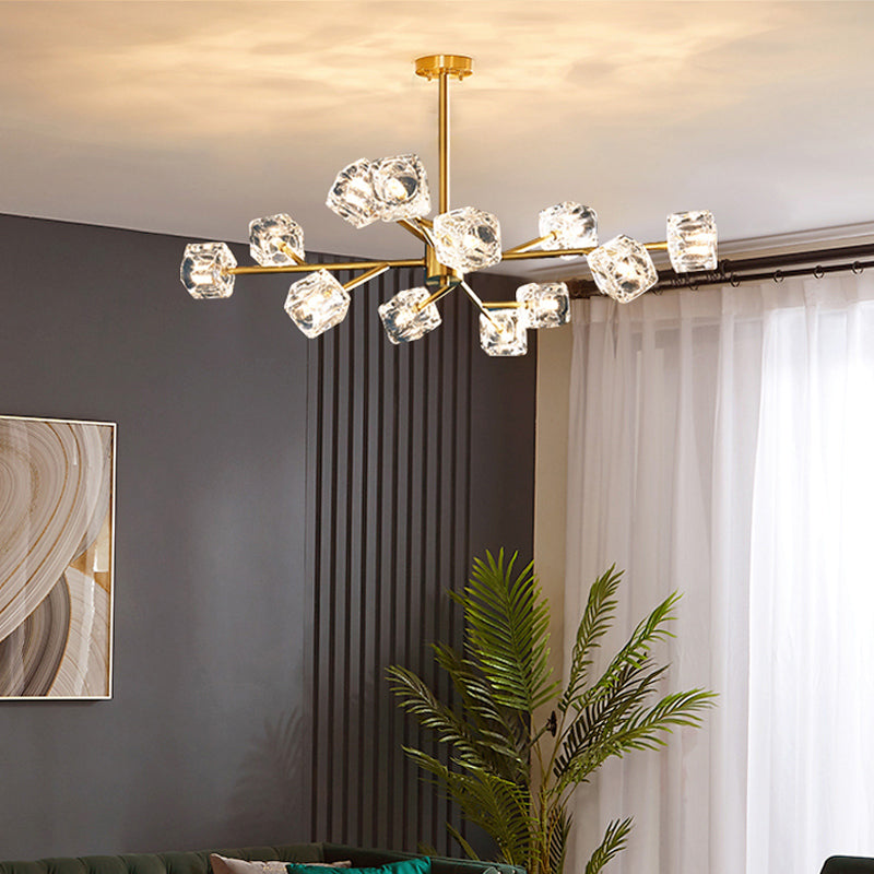 Minimalist Crystal Cube Pendant Chandelier With Gold Finish And Branch Design
