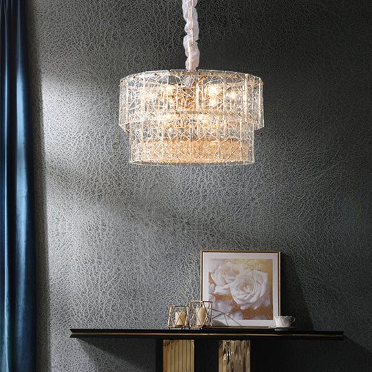 Modern 2-Tier Chandelier Pendant Light with Clear Glass and Crystal Beads