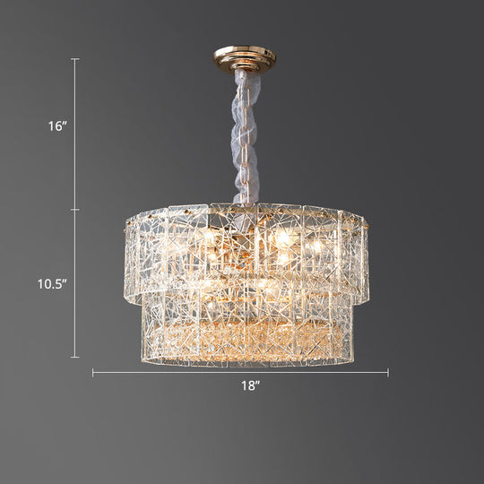 Modern 2-Tier Chandelier Pendant Light with Clear Glass and Crystal Beads