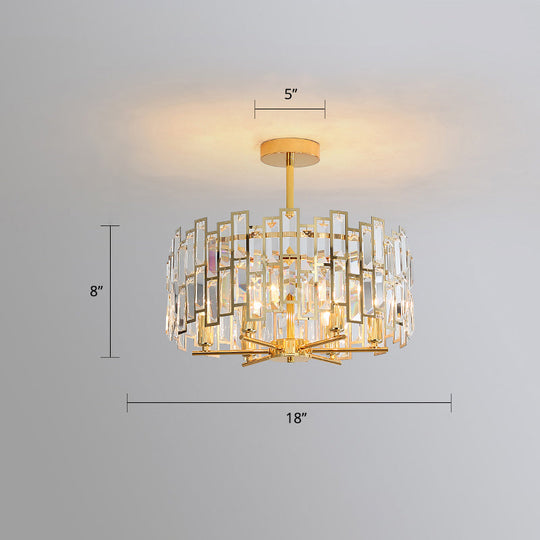 Modern Gold Drum Pendant Lamp with Crystal Rods - Tri-Sided, Bedroom Chandelier Light