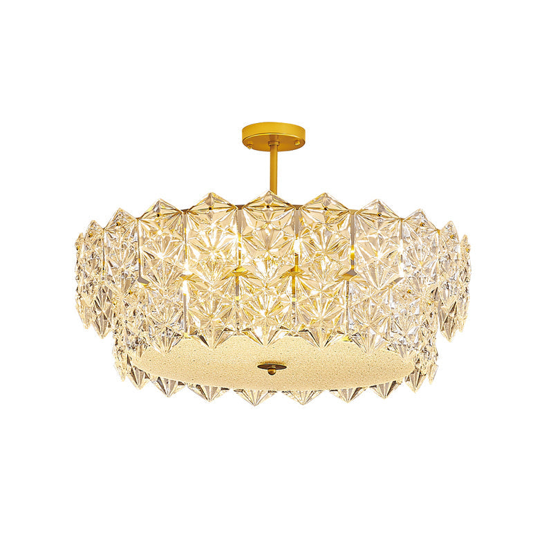 Gold Minimalist Chandelier with Crystal Hexagonal Shade - Living Room Ceiling Suspension Lamp