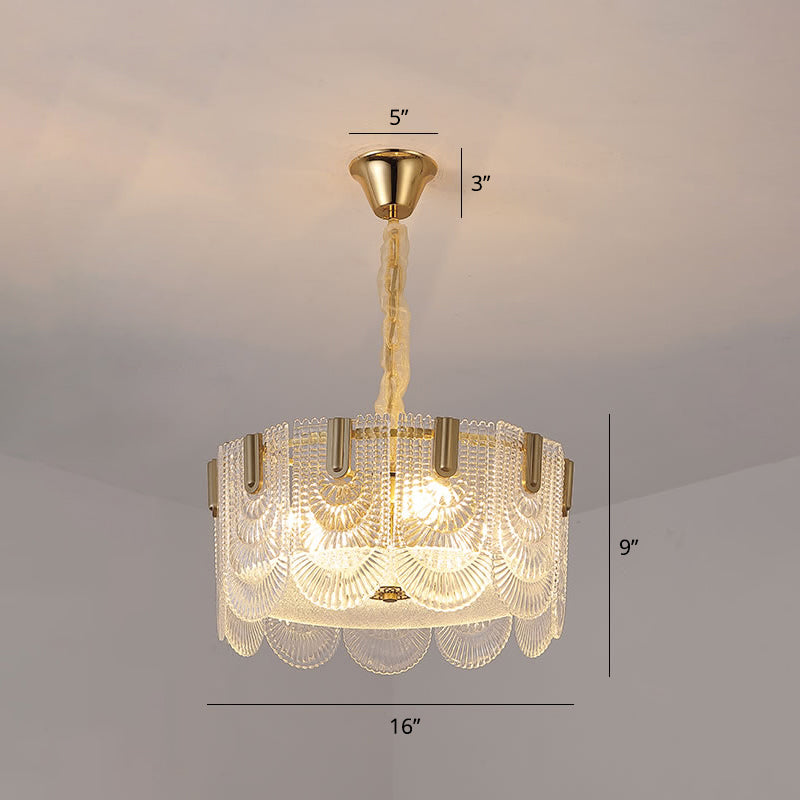Modern Clear Textured Glass Chandelier With Round Pendant And Scalloped Edge / 16