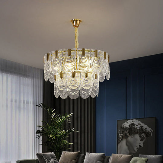 Modern Clear Textured Glass Chandelier With Round Pendant And Scalloped Edge