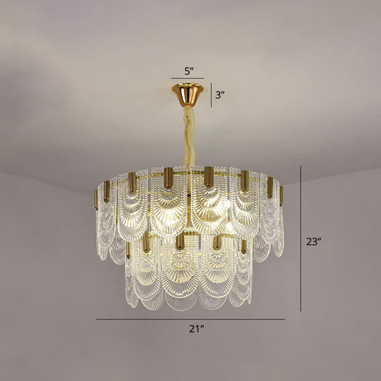 Modern Clear Textured Glass Chandelier With Round Pendant And Scalloped Edge / 21