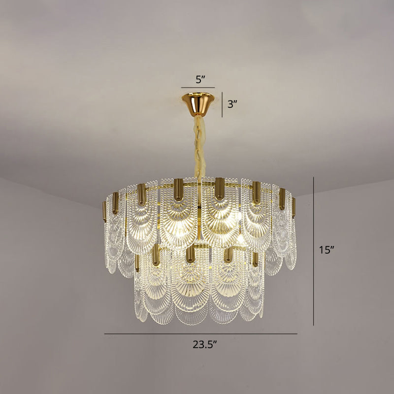 Modern Clear Textured Glass Chandelier With Round Pendant And Scalloped Edge / 23.5
