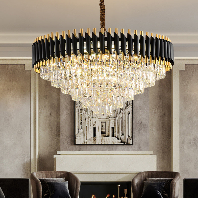 Modern Black Conical Pendant Lamp with Opulent K9 Crystal Prism Chandelier - Perfect for Restaurants