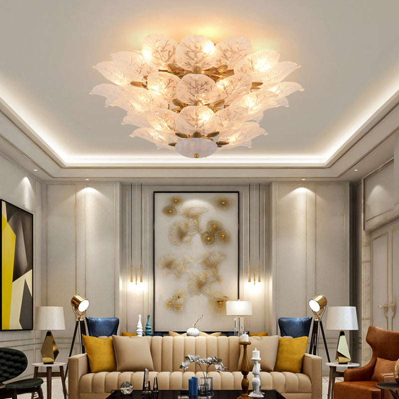 Contemporary Gold Leaf Semi Flush Mount Lamp With 10 Frost Glass Lights For Living Room Ceiling