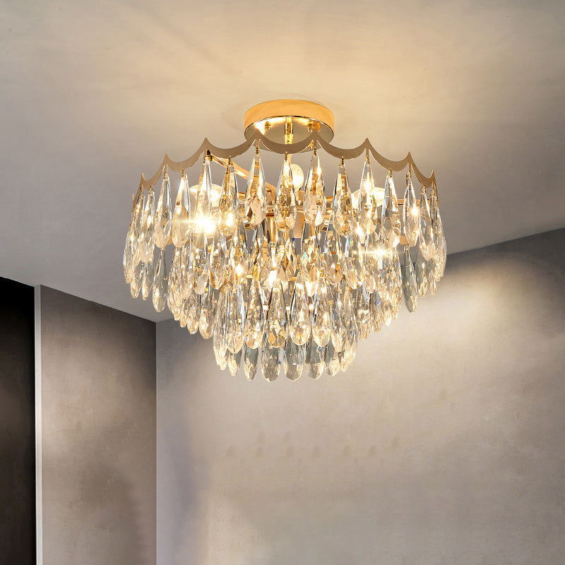 Modern Gold Flush Mount Chandelier With Clear Crystal Drops - 9-Bulb Bedroom Ceiling Lighting