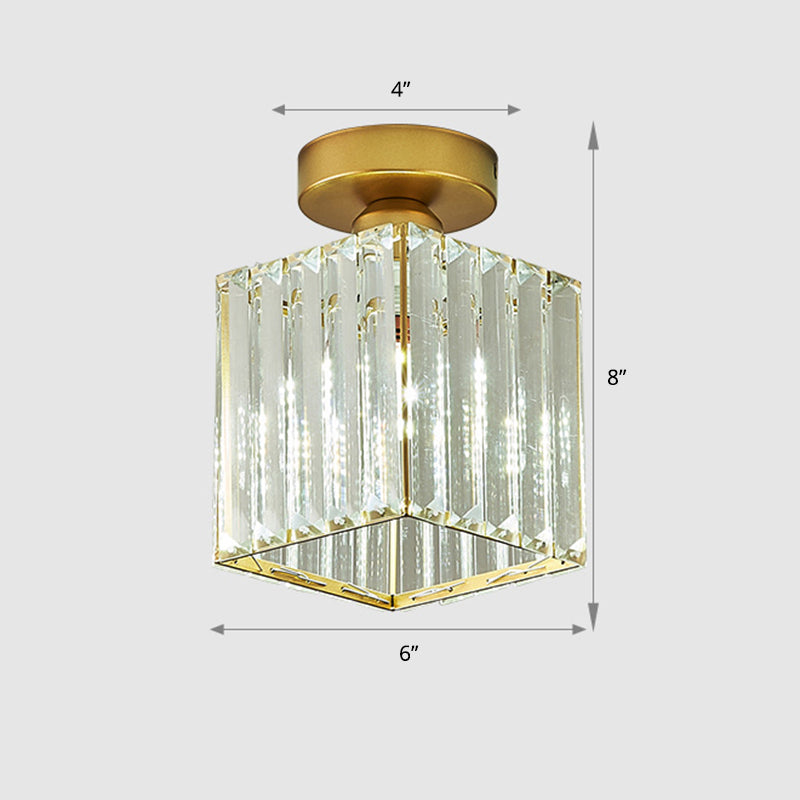 Minimalist Clear Crystal Geometric Ceiling Lamp - 1 Bulb Brass Finish Semi Flush Light For Aisle /