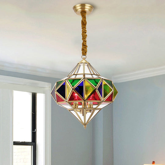 Colonial Stained Glass Brass Chandelier - 3 Head Pendant Lamp Fixture