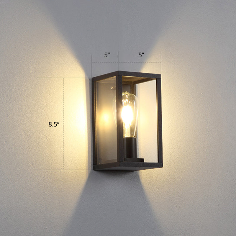 Modern Black Box Patio Wall Sconce - Transparent Glass 1-Bulb Lighting Fixture