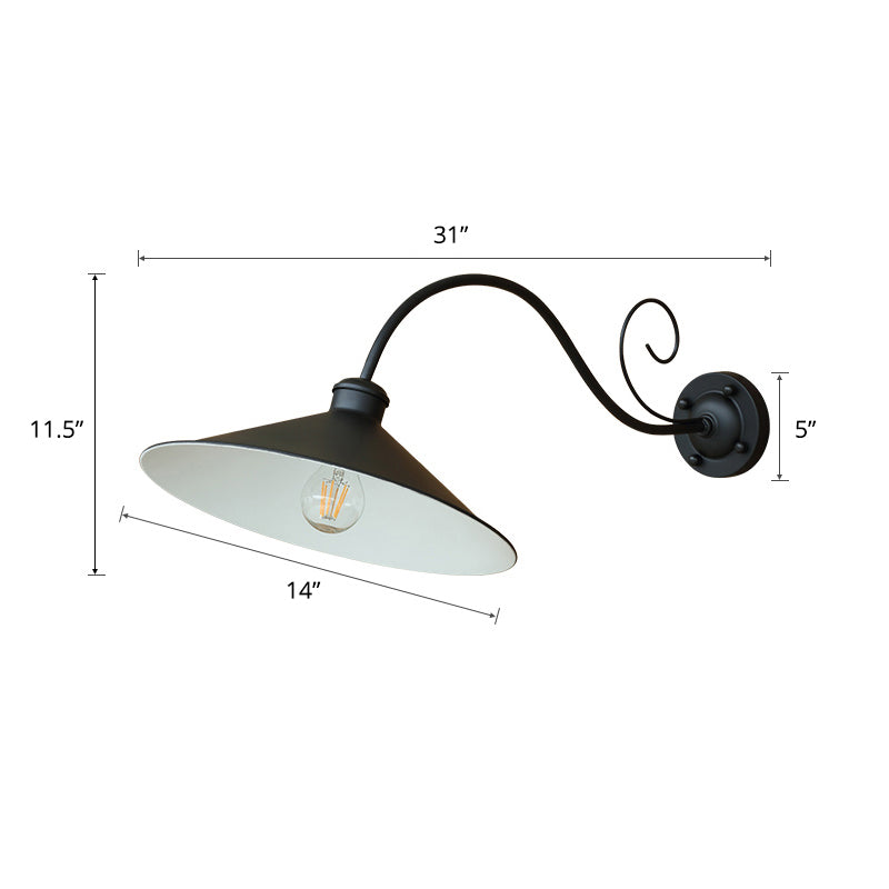 Rustic Metal Black Lampshade Wall Lighting - Outdoor Mount Lamp With Arm / Curved