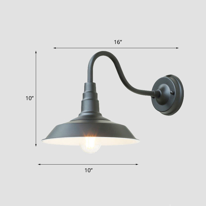 Industrial Metal Wall Mounted Gooseneck Lamp With Barn Shade - 1 Bulb Outdoor Light Black / 10