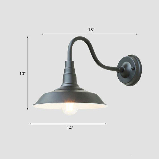 Industrial Metal Wall Mounted Gooseneck Lamp With Barn Shade - 1 Bulb Outdoor Light Black / 14