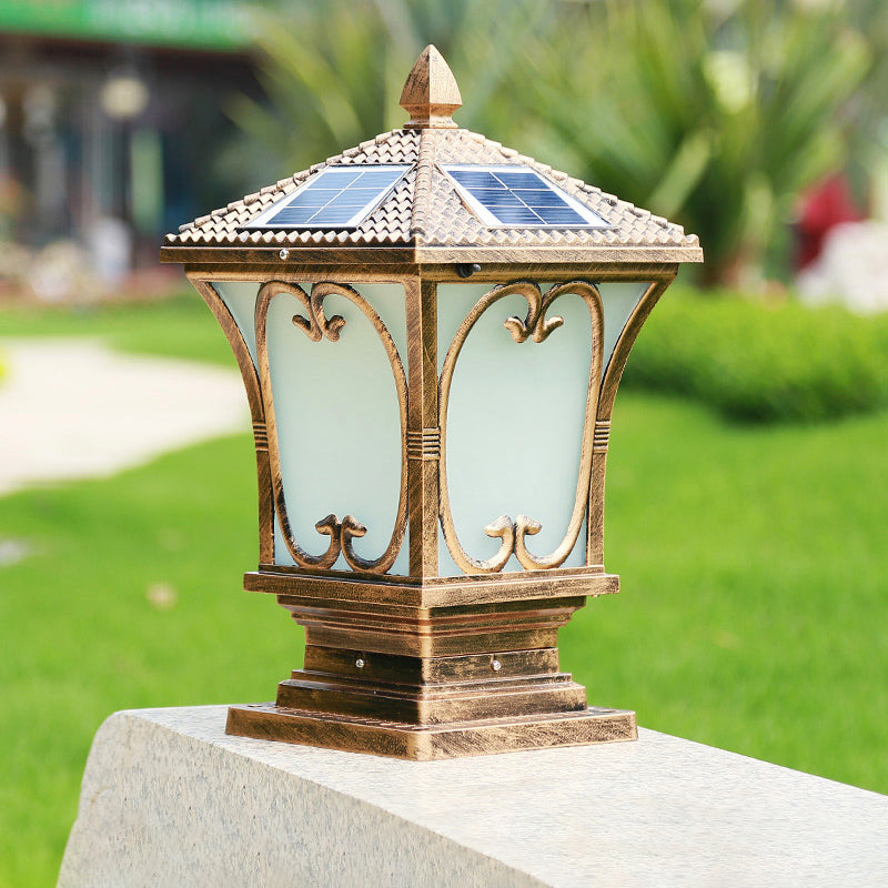 Vintage Frosted Glass Solar Outdoor Lamp - Flared Garden Post Light Fixture