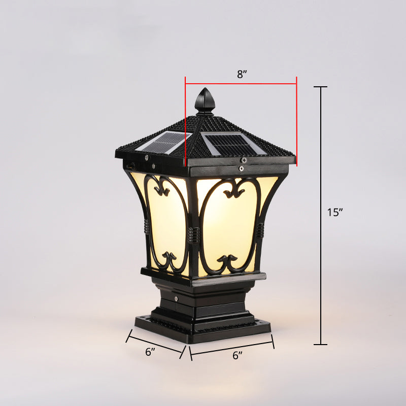 Vintage Frosted Glass Solar Outdoor Lamp - Flared Garden Post Light Fixture Black / 8