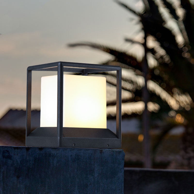 Cubic Plastic Post Light: Modern 1-Light Gate Lamp With Metal Frame - Black & White