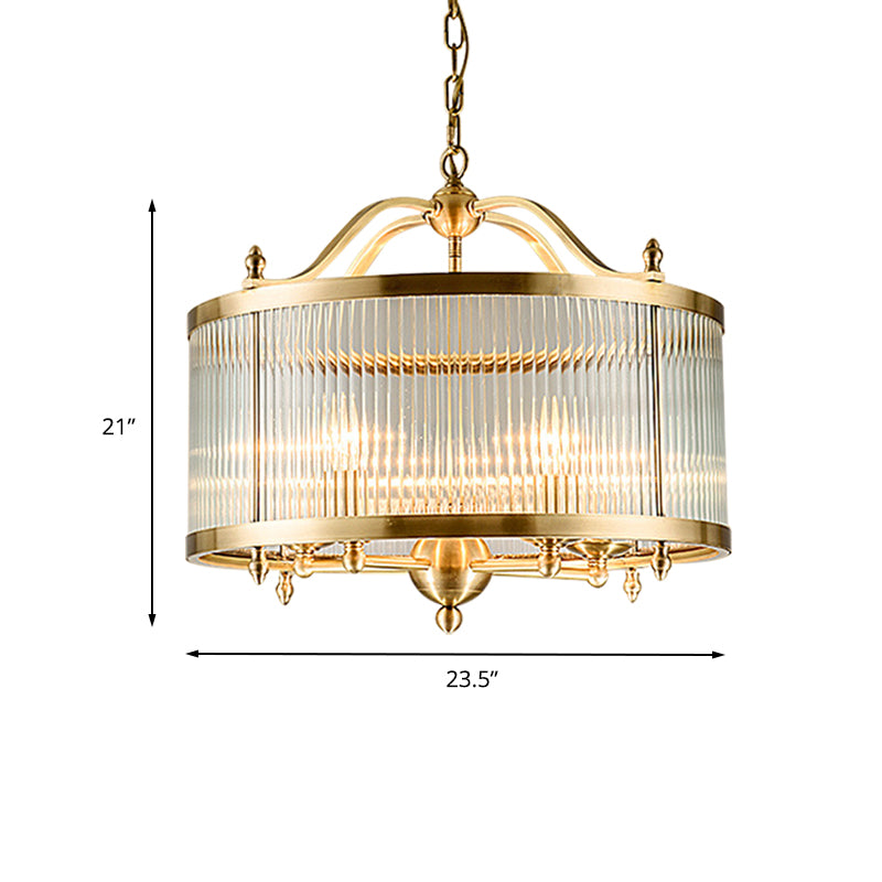 Contemporary Fluted Glass Brass Drum Chandelier - 3/5 Bulbs 16/19.5/23.5 Wide