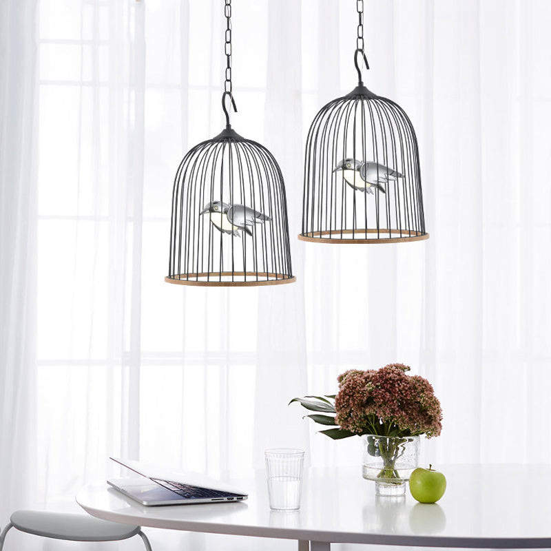 Contemporary Bird Design Pendant Lamp In Black/Pink: Metal Cage Fixture With 1 Bulb